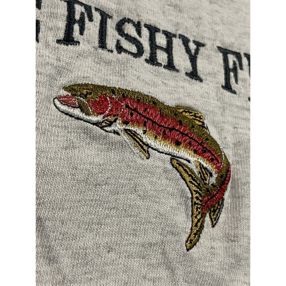 Vintage 90s Fishing "Here Fishy Fishy" Embroidered Logo Gray T-Shirt Size XL - Picture 4 of 8